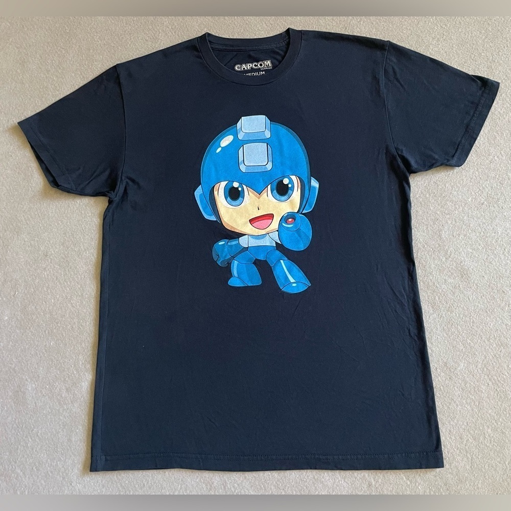 Capcom Mega Man T-Shirt Men’s Medium Navy Blue Cotton Graphic Gamer Tee
